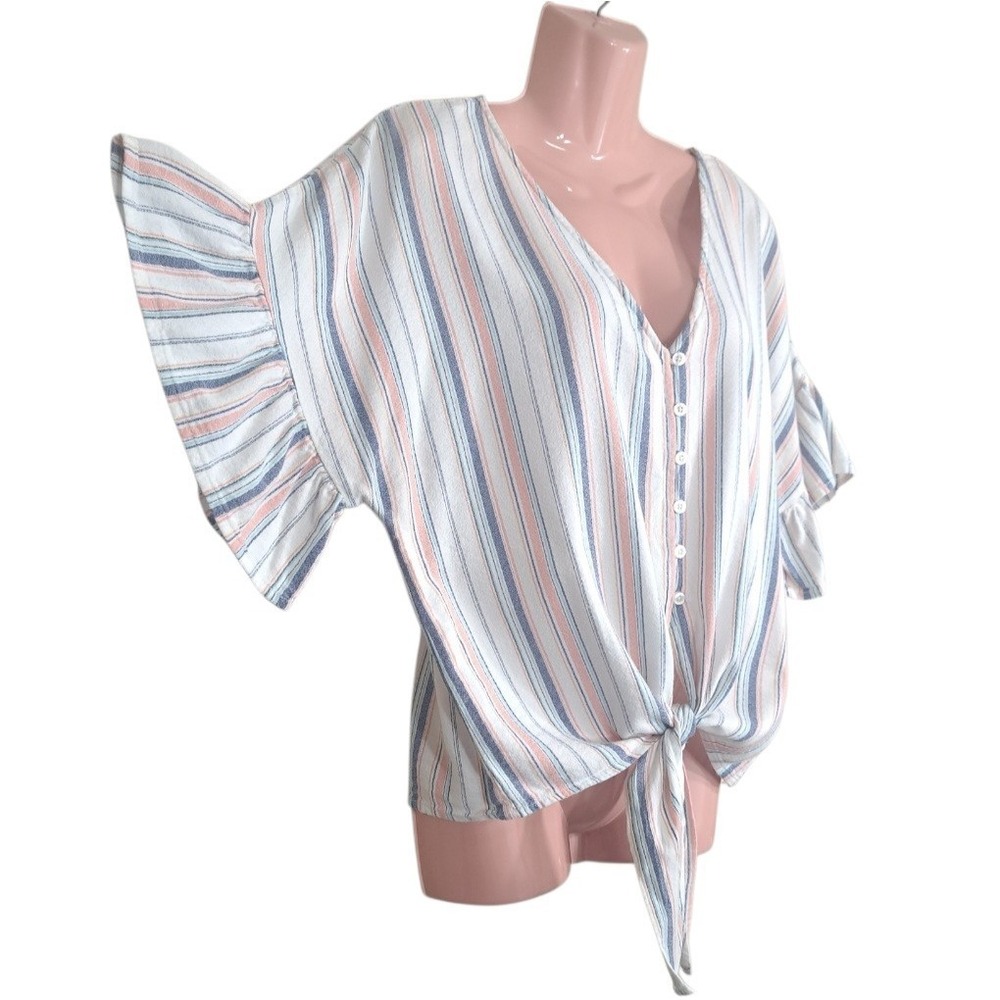 Primark Women's Tie Front Top/Blouse Size 12 Tropical Stripe V Neck Summer